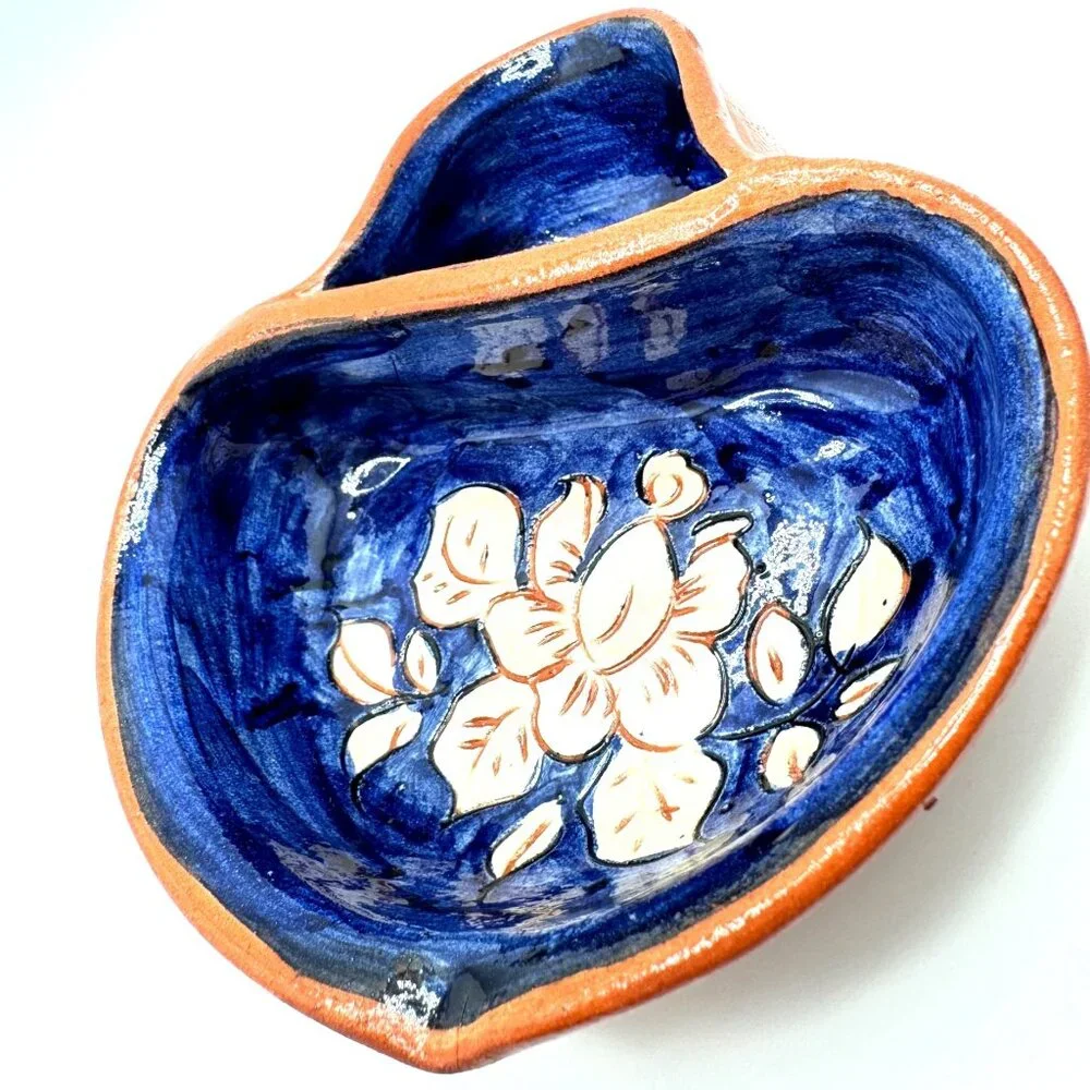 Portuguese Pottery Clay Terracotta Mini Blue Floral Olive Dish Hand-painted (2) - Picture 1 of 7